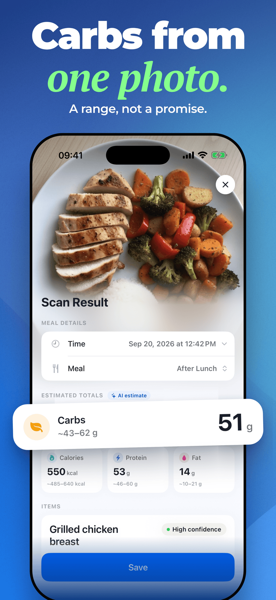 Glucose and Blood Sugar Track AI meal photo scan with an estimated carb range, calories, protein, and fat