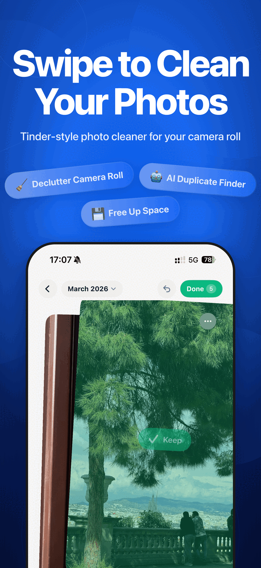 Photo Cleaner Tinder-style swipe interface with keep and delete gestures for camera roll cleanup