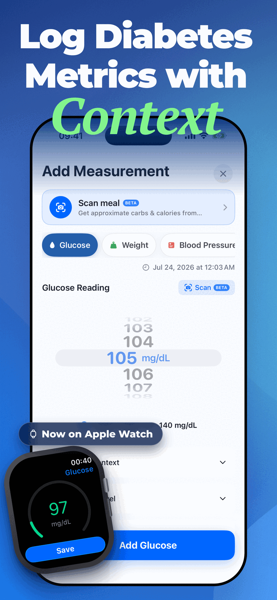 Glucose and Blood Sugar Track add measurement screen with meal scan and Apple Watch logging