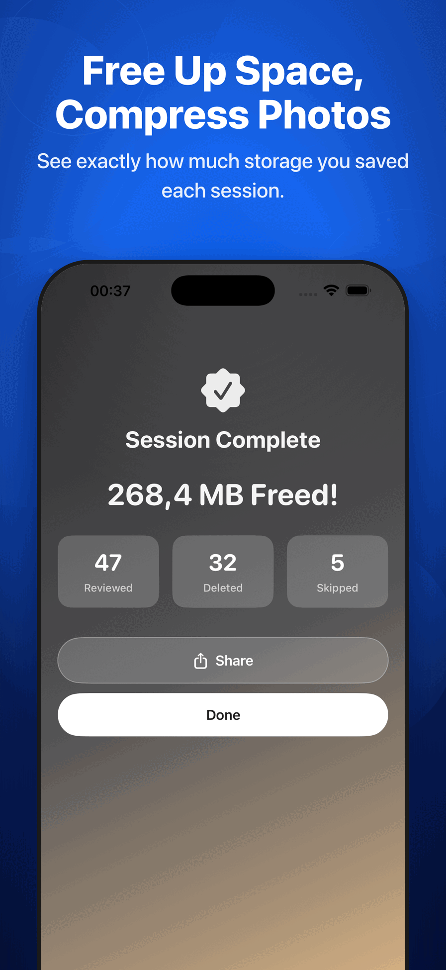 Photo Cleaner session complete screen showing 268 MB freed with review summary
