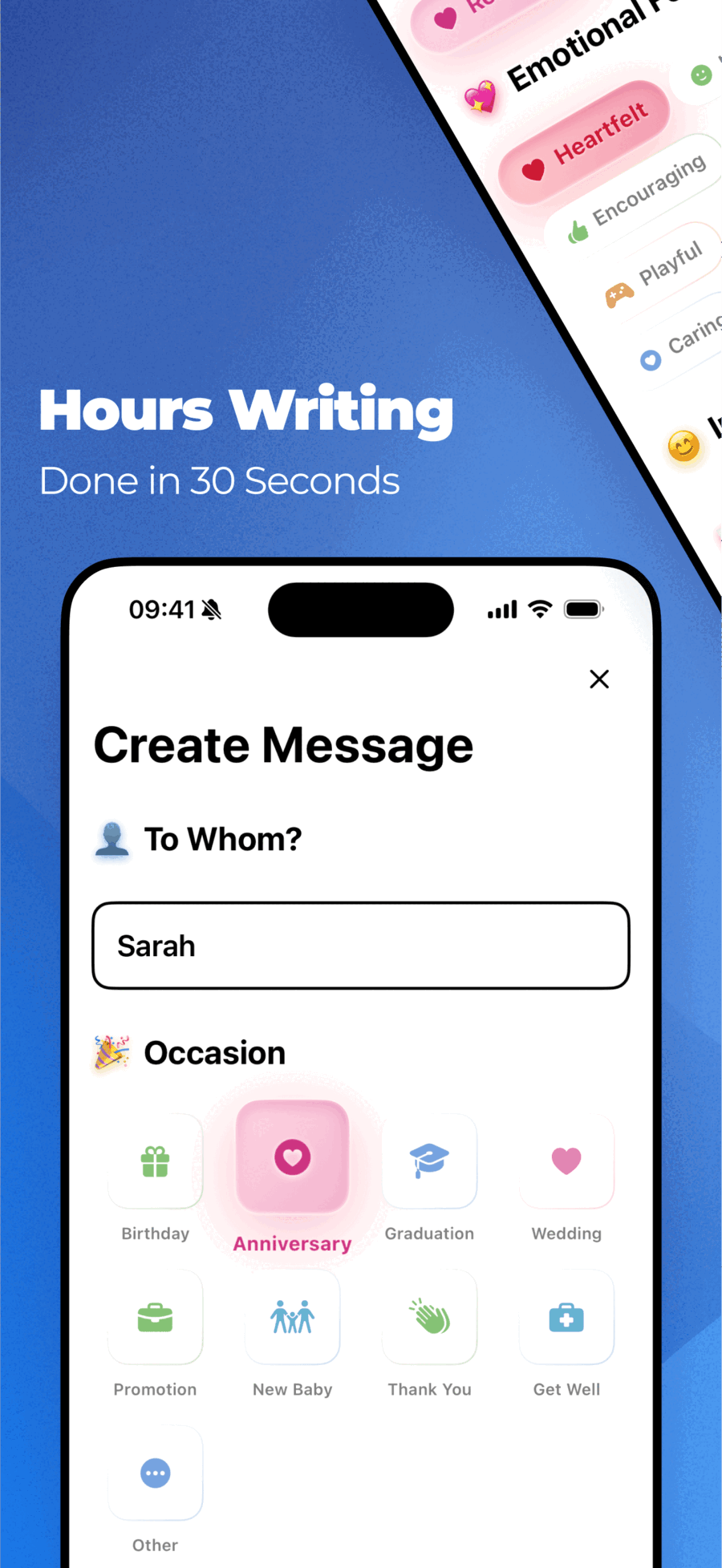 Create Message screen with 9 occasion types including Birthday, Anniversary, Wedding