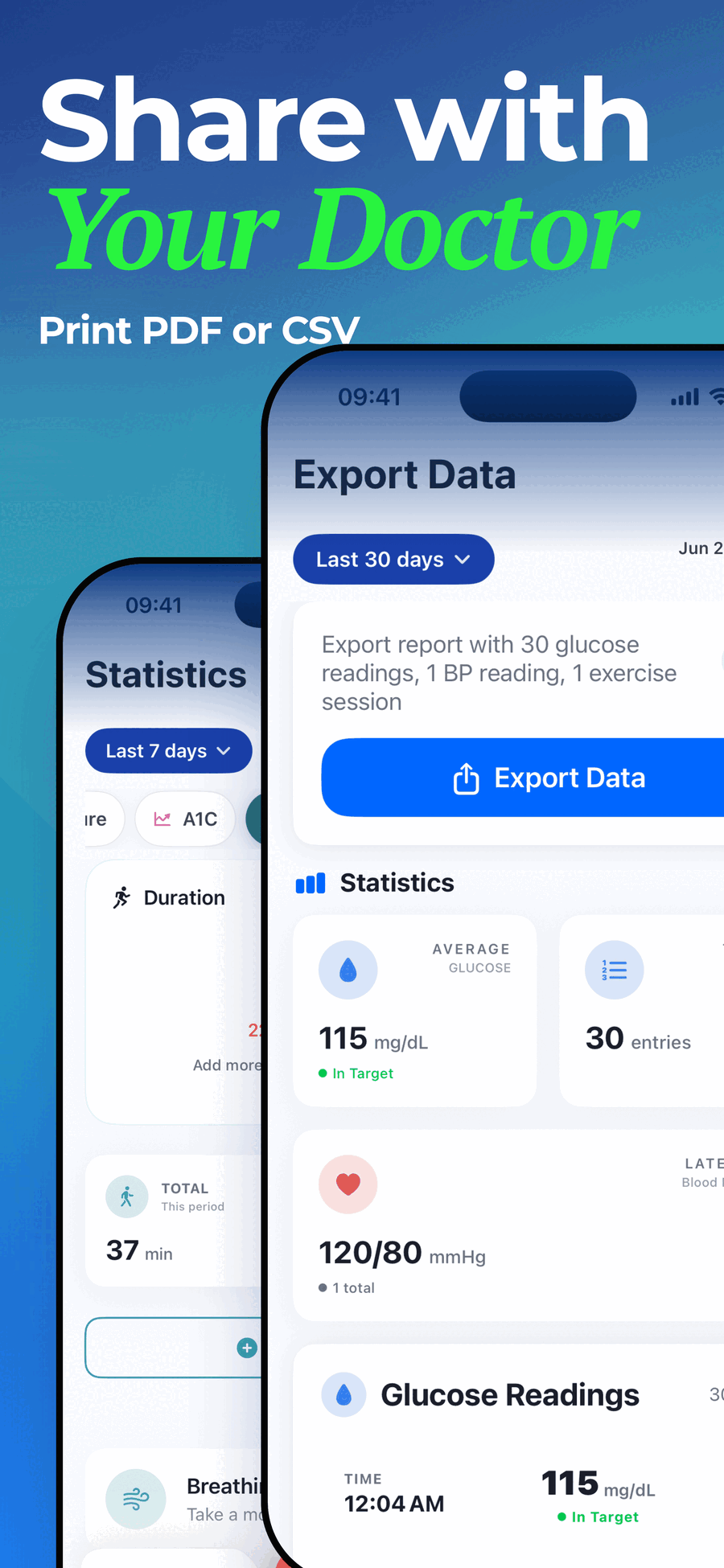 Glucose and Blood Sugar Track export screen for PDF and CSV doctor reports