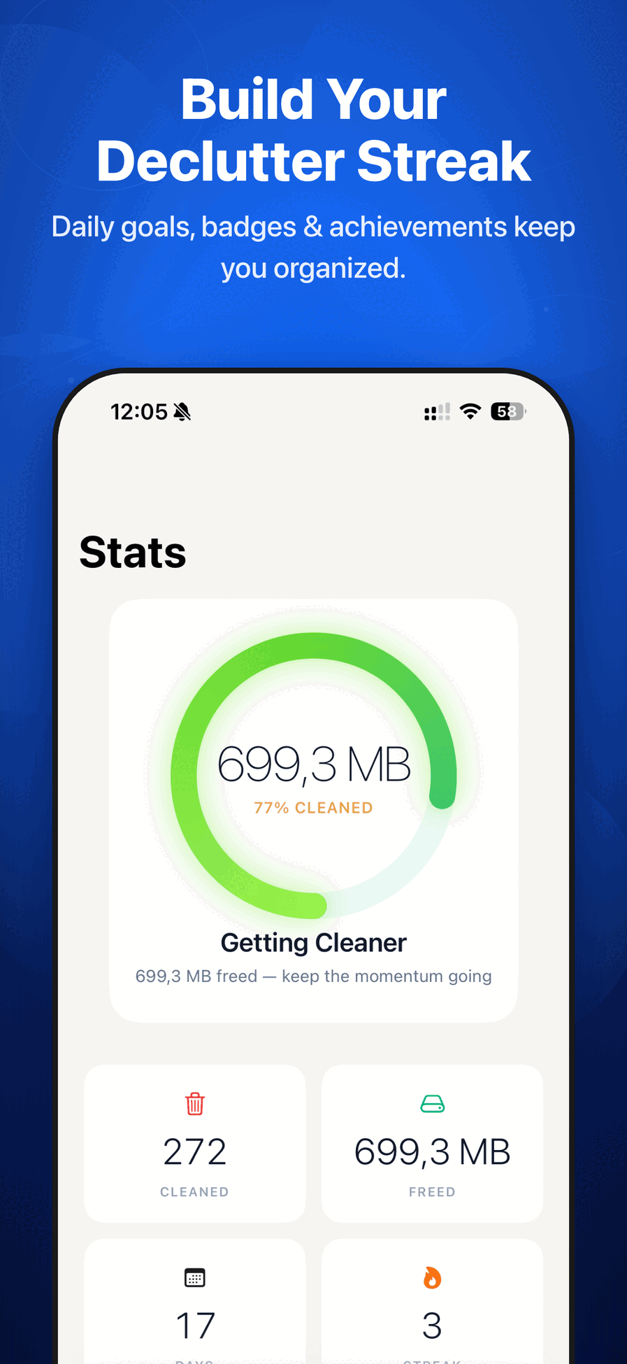 Photo Cleaner stats dashboard with 699 MB cleaned progress ring and declutter streak
