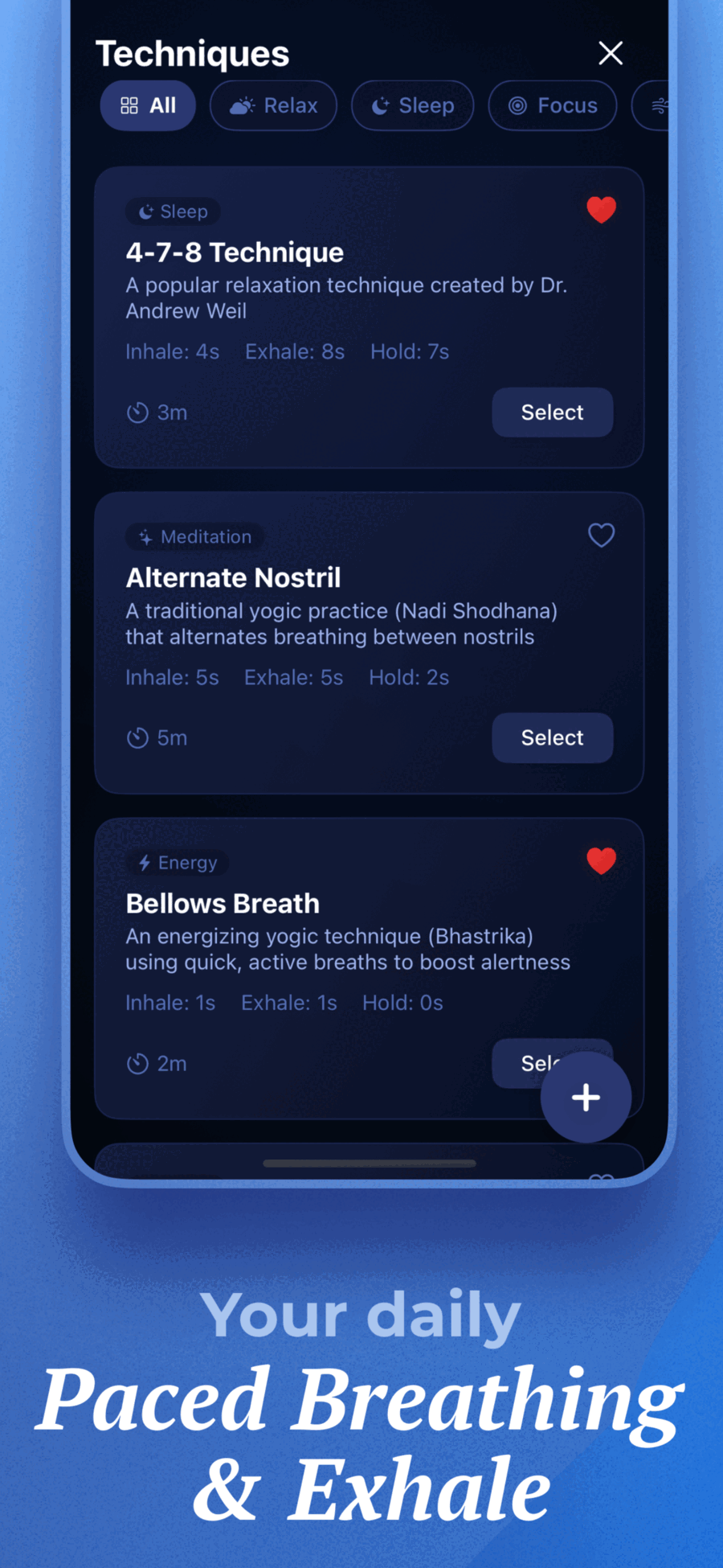 16 Breathing Techniques library including 4-7-8, Alternate Nostril, and Bellows Breath