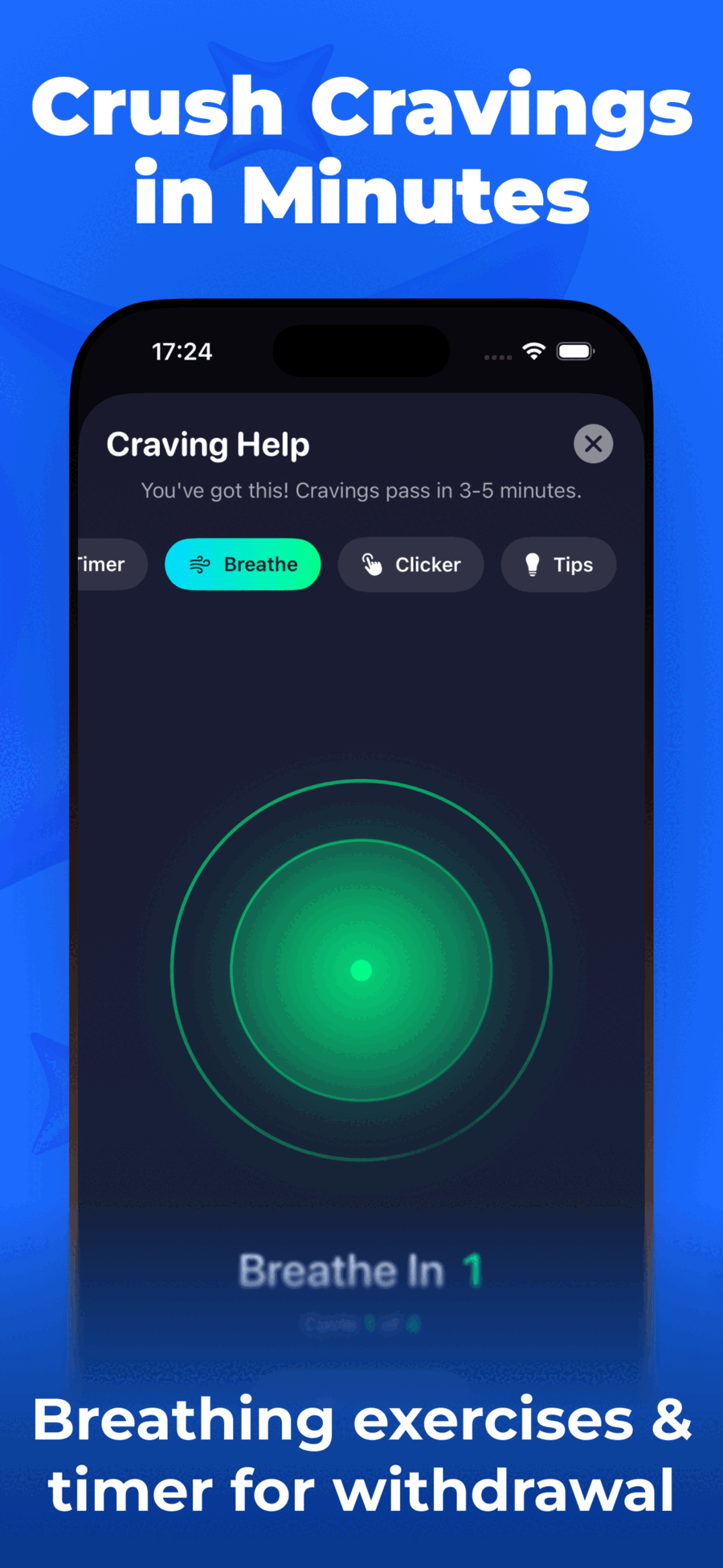 Craving Help toolkit with breathing exercises and guided timer for withdrawal