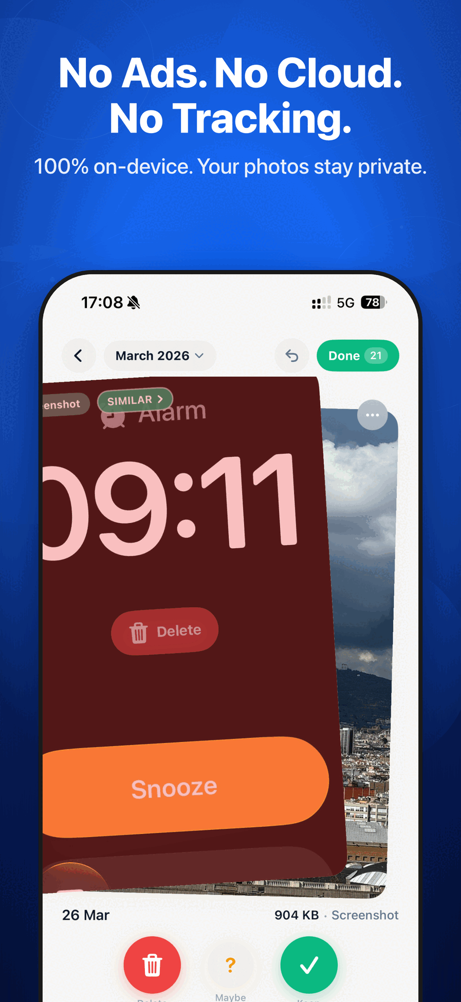 Photo Cleaner swipe view with AI similar badge detection and delete action on screenshots