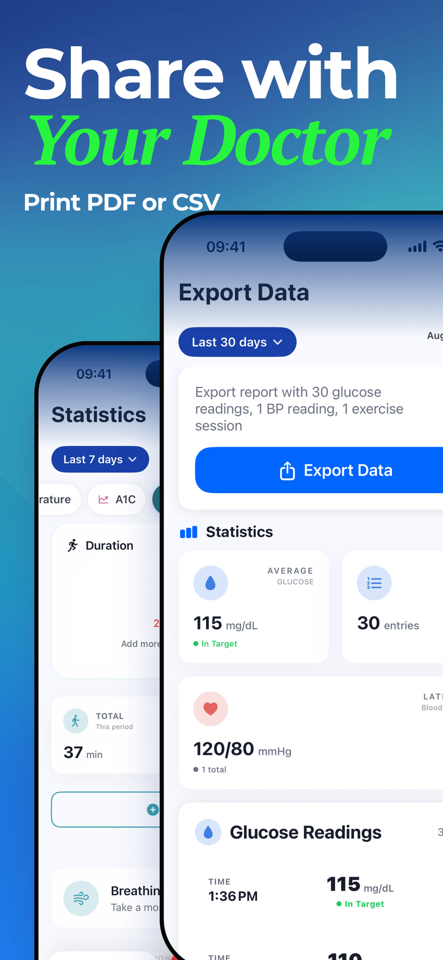 Glucose and Blood Sugar Track Export Data screen for a 30-day report of glucose, blood pressure, and exercise
