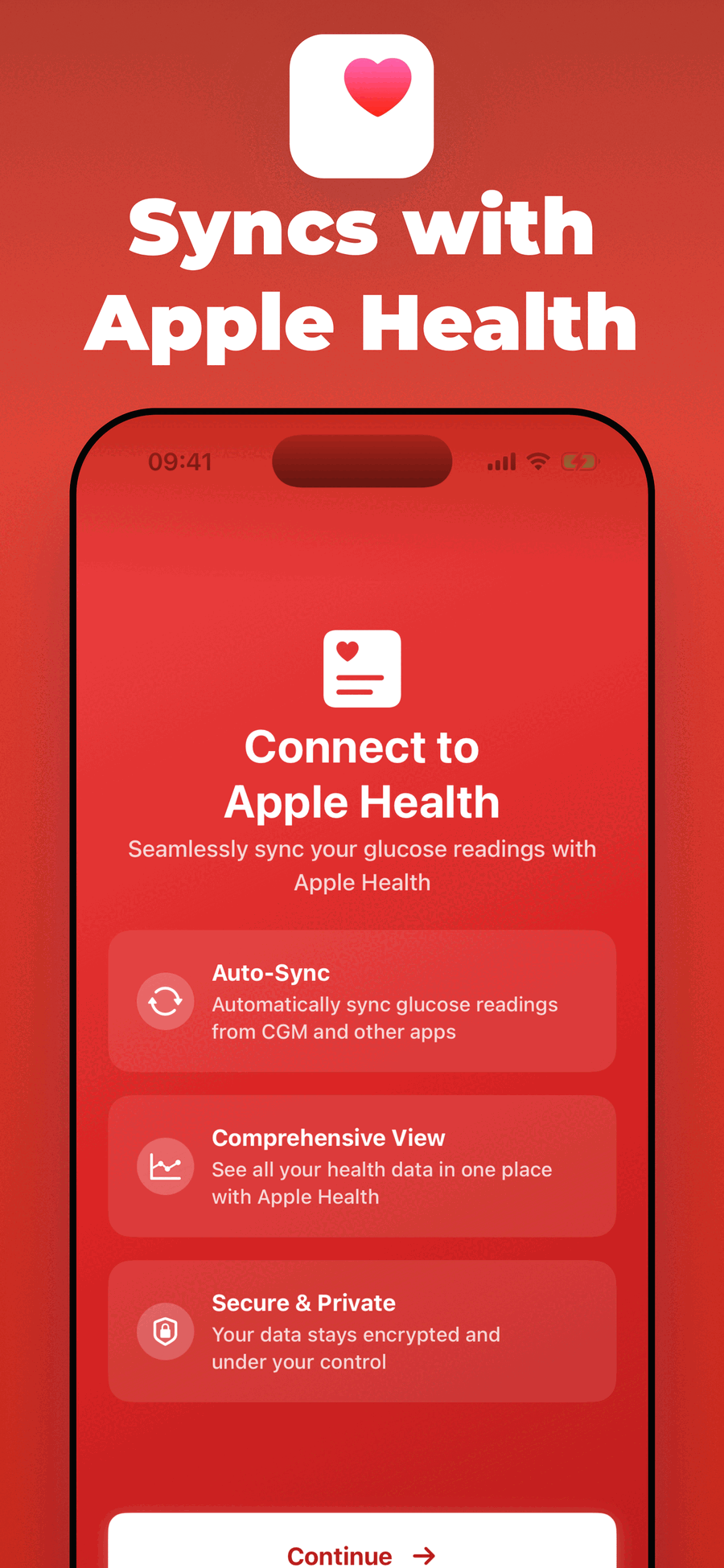 Glucose and Blood Sugar Track Apple Health sync screen with auto-sync from CGM apps