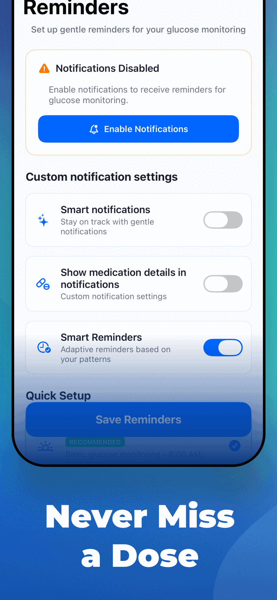 Glucose and Blood Sugar Track smart reminder settings for glucose monitoring and medications