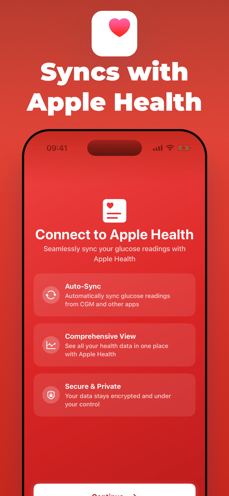 Glucose and Blood Sugar Track Connect to Apple Health screen for syncing glucose readings from CGM and other apps