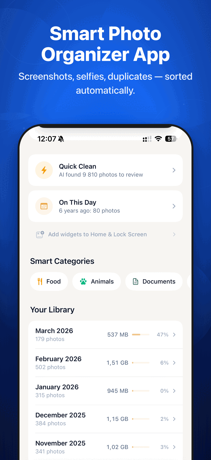Photo Cleaner smart organizer home screen with Quick Clean, categories, and monthly library view