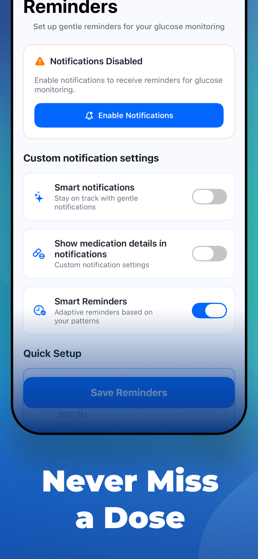 Glucose and Blood Sugar Track reminder settings with Smart Reminders on and a toggle for medication details in notifications