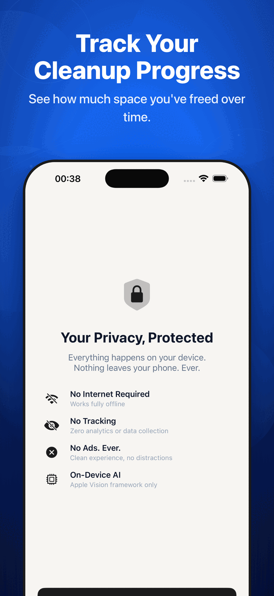 Photo Cleaner privacy screen showing 100% on-device processing with no tracking or ads