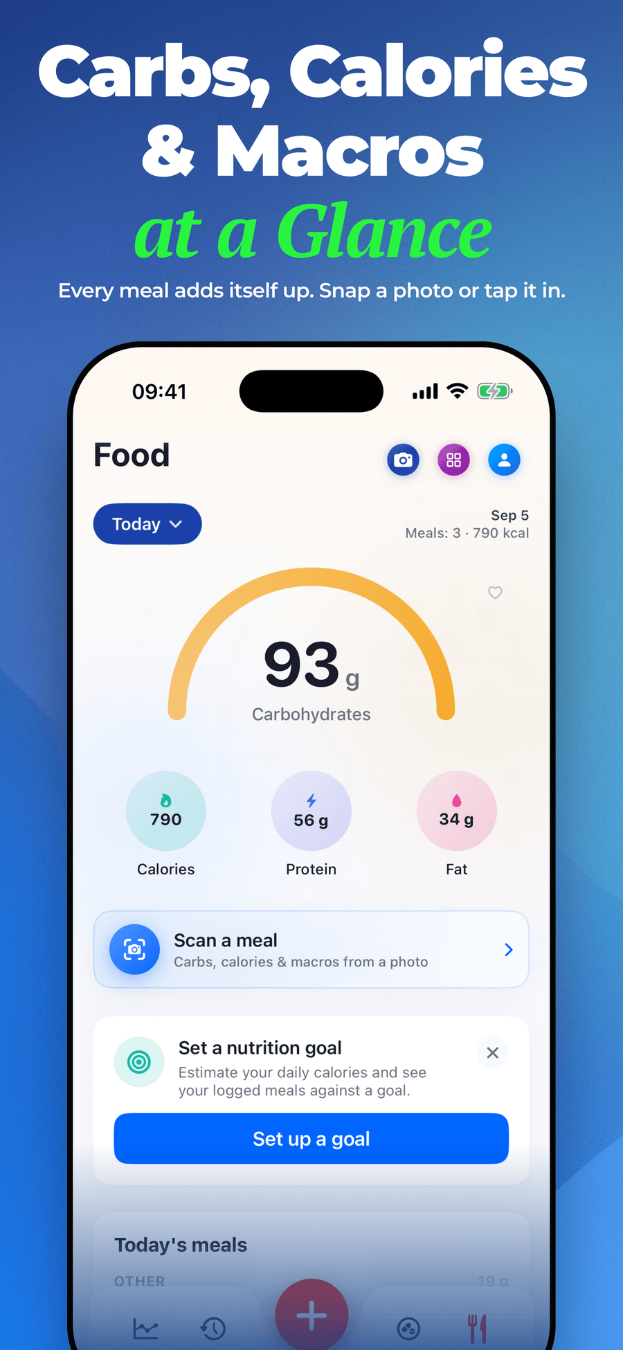 Glucose and Blood Sugar Track food diary with today's carbs, calories, protein, and fat, plus a nutrition goal prompt