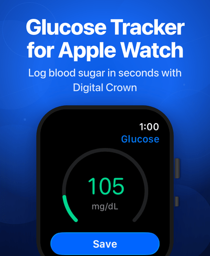 Glucose and Blood Sugar Track Apple Watch glucose entry at 105 mg/dL, set with the Digital Crown