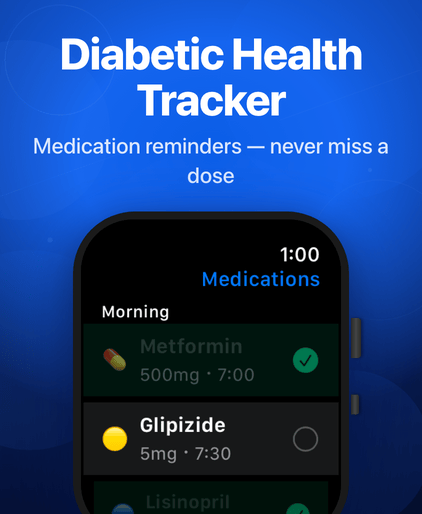 Glucose and Blood Sugar Track Apple Watch morning medication list with dose times, two doses checked off and one still open