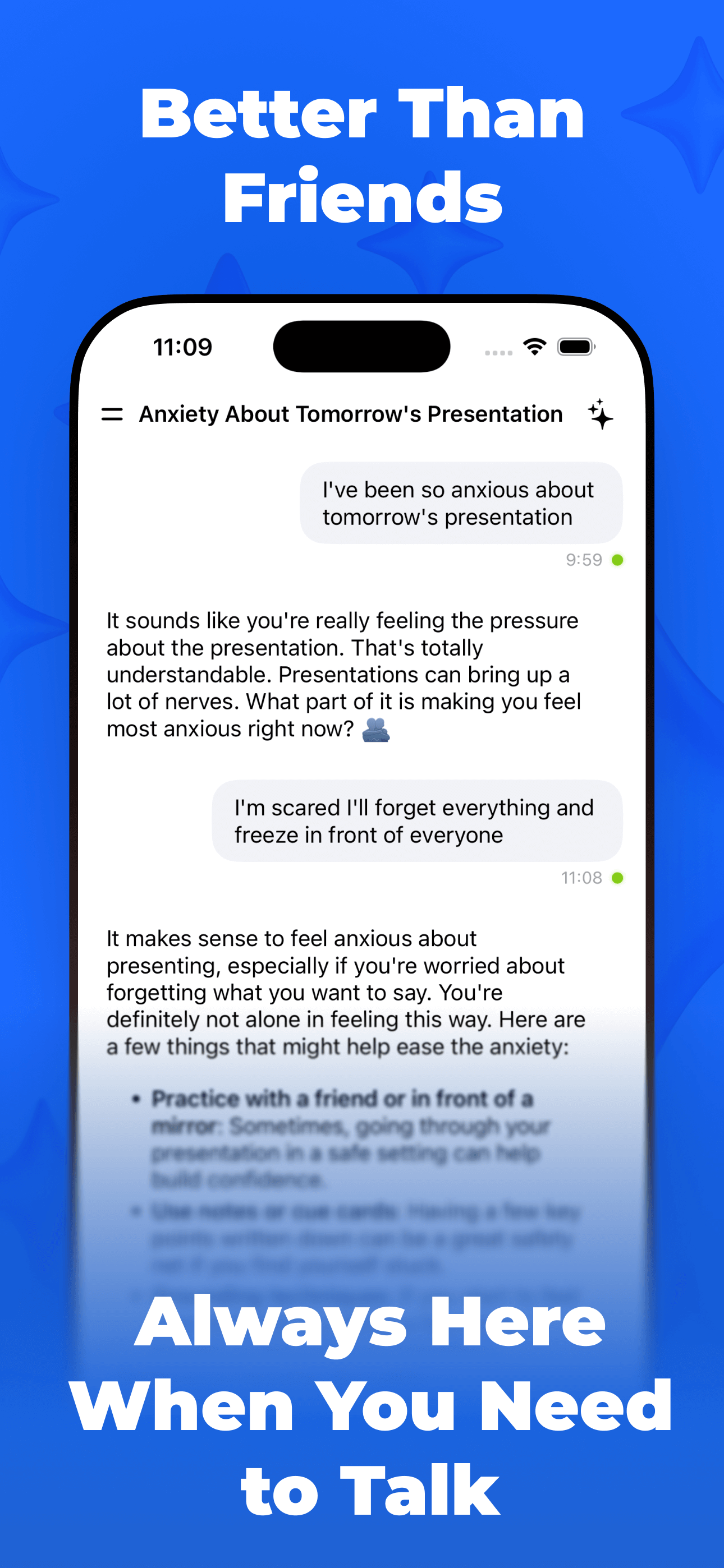 Supportive AI conversation about presentation anxiety with practical coping advice