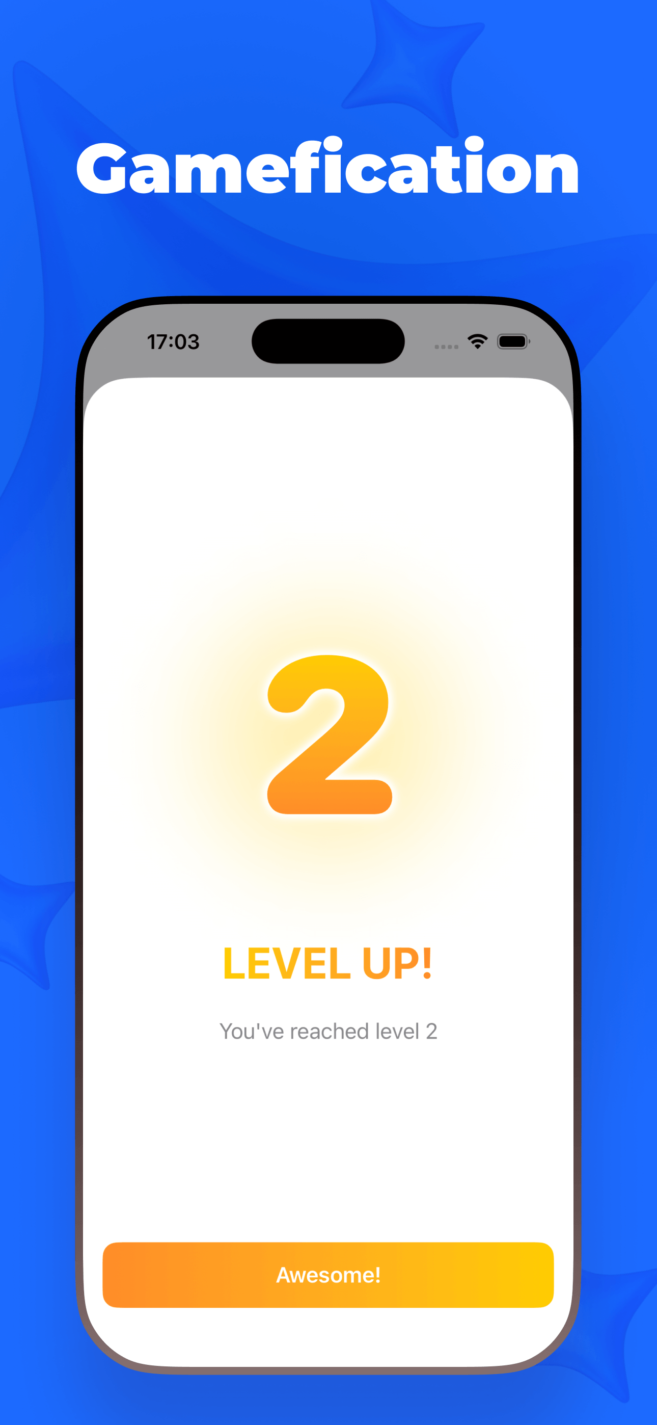 Gamification Level Up celebration screen showing progress achievement