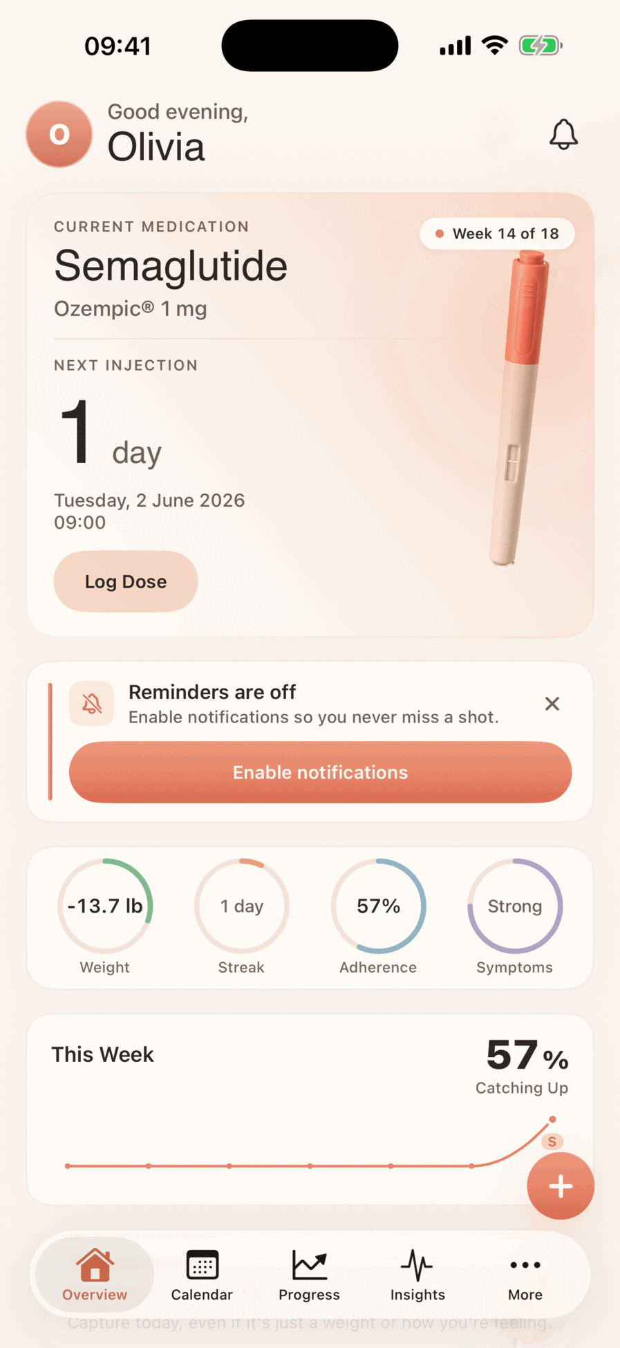 GLP-1 Tracker overview with next injection countdown, weight progress, adherence, and symptoms