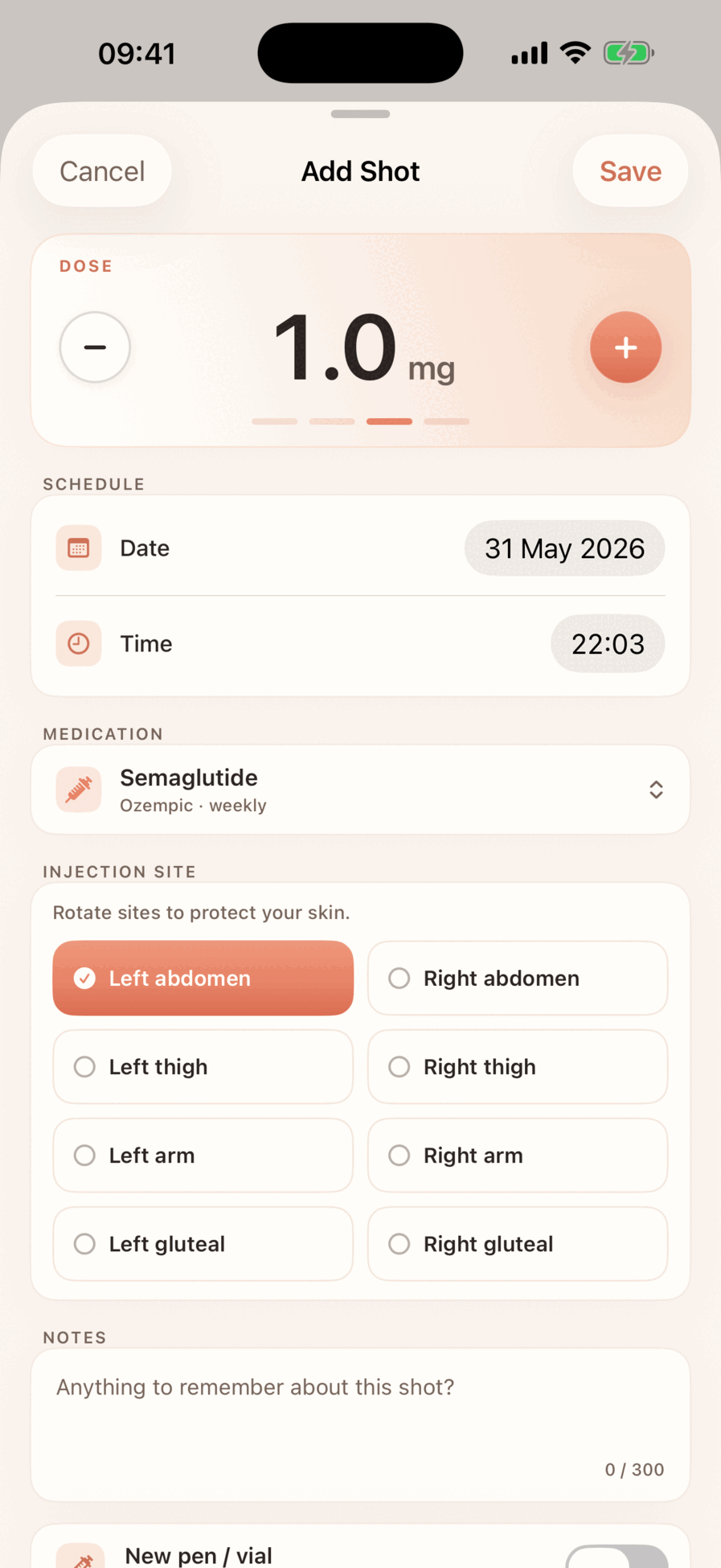 GLP-1 Tracker side effect logging for nausea, fatigue, constipation, and other symptoms