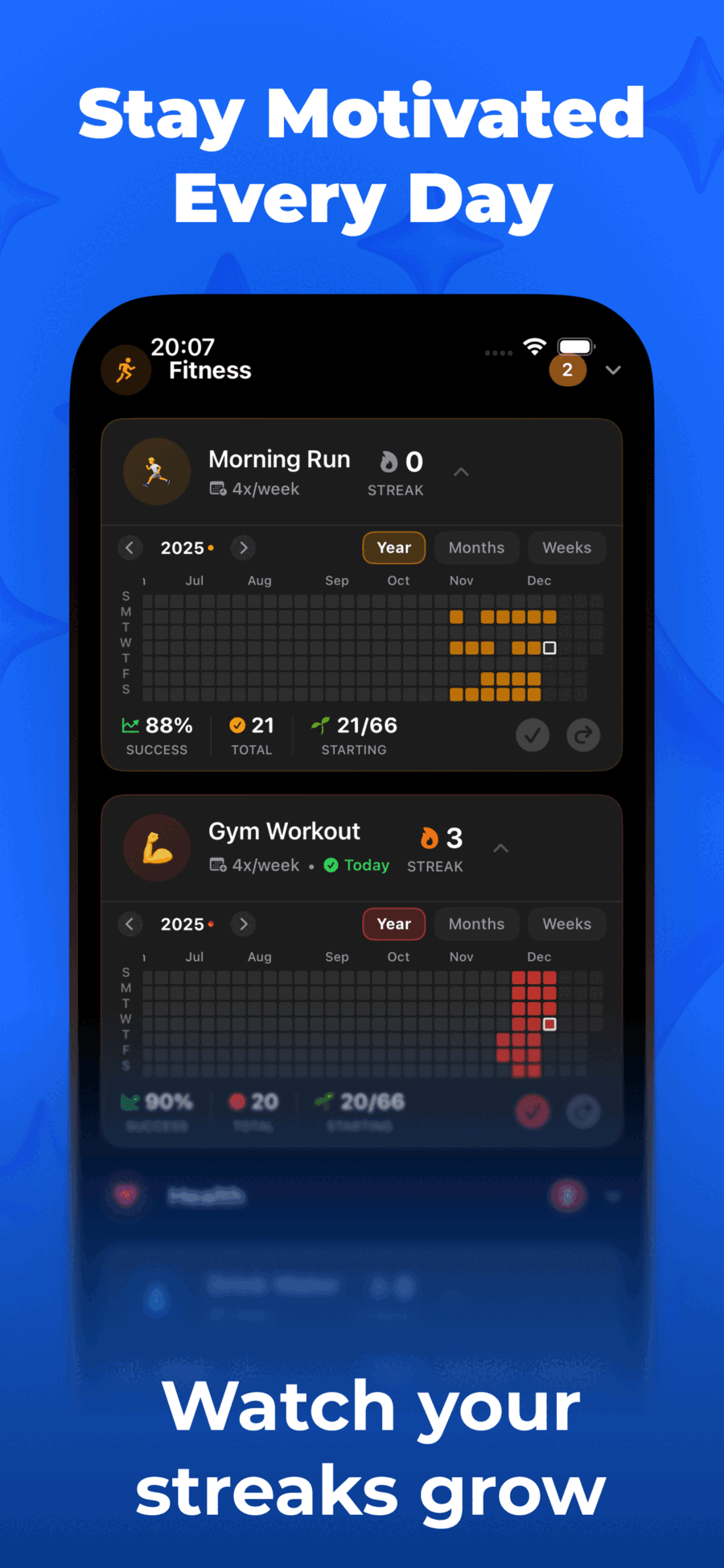 GitHub-style heatmaps for Morning Run and Gym Workout habits with streak tracking