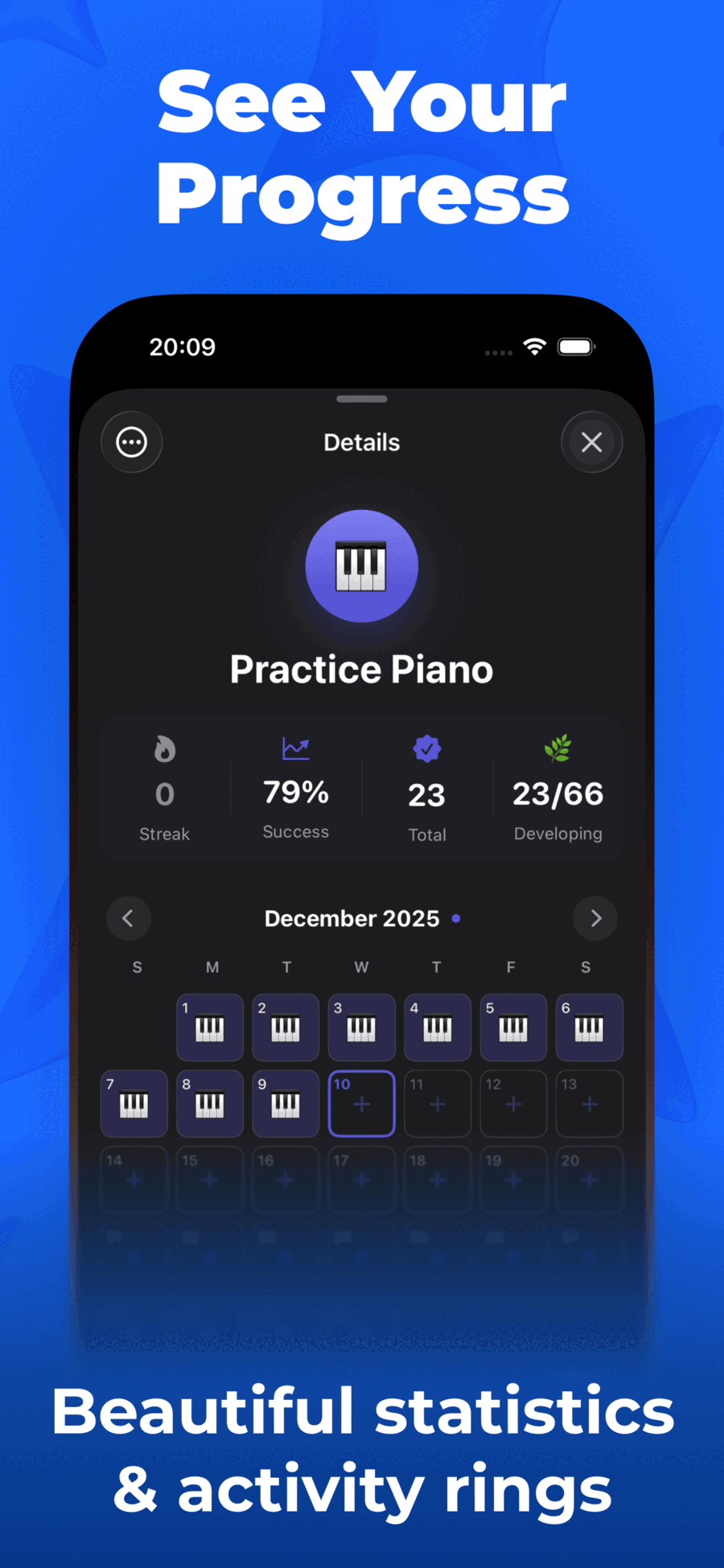 Practice Piano habit details with 79% success rate and monthly calendar view