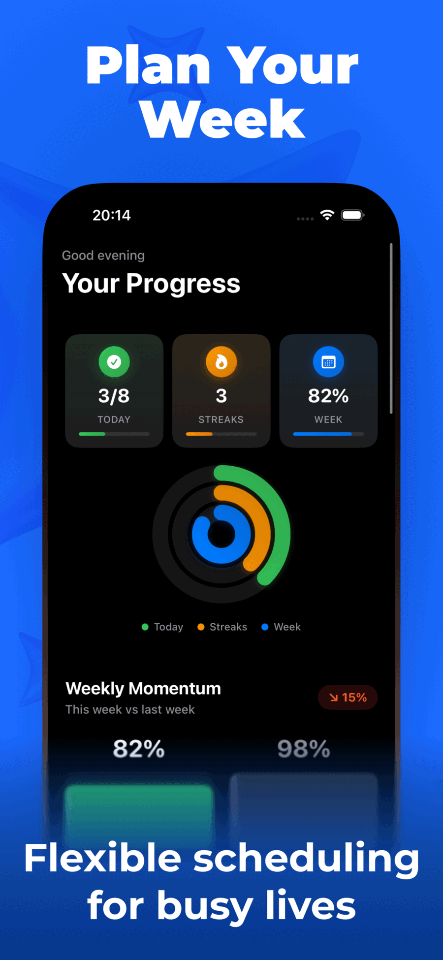 Your Progress dashboard with activity rings for Today, Streaks, and Week momentum
