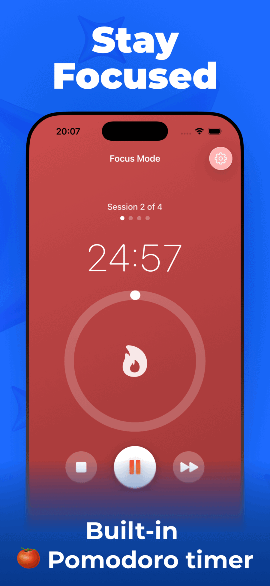 Built-in Pomodoro timer Focus Mode with 25-minute countdown sessions