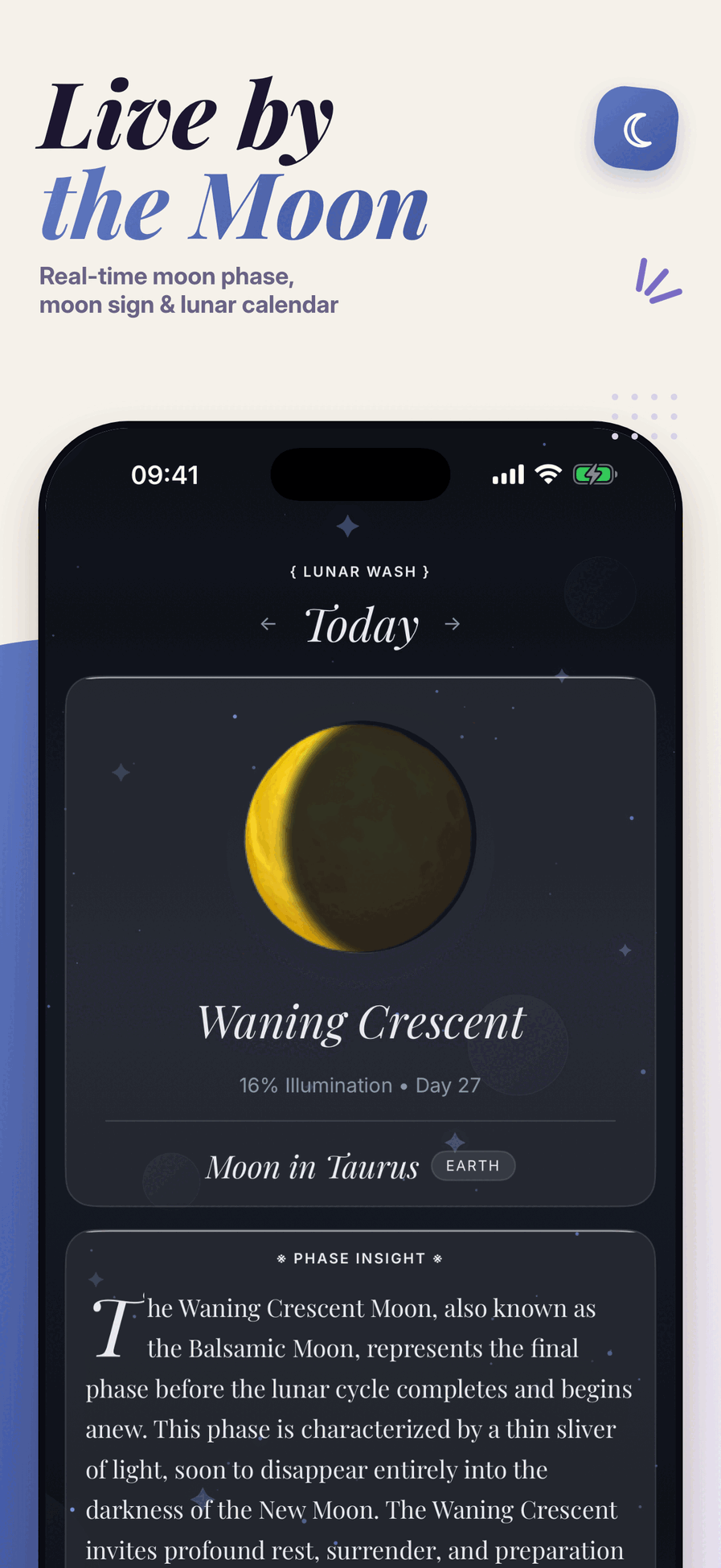 Mystic moon phase screen with real-time moon sign and lunar calendar details