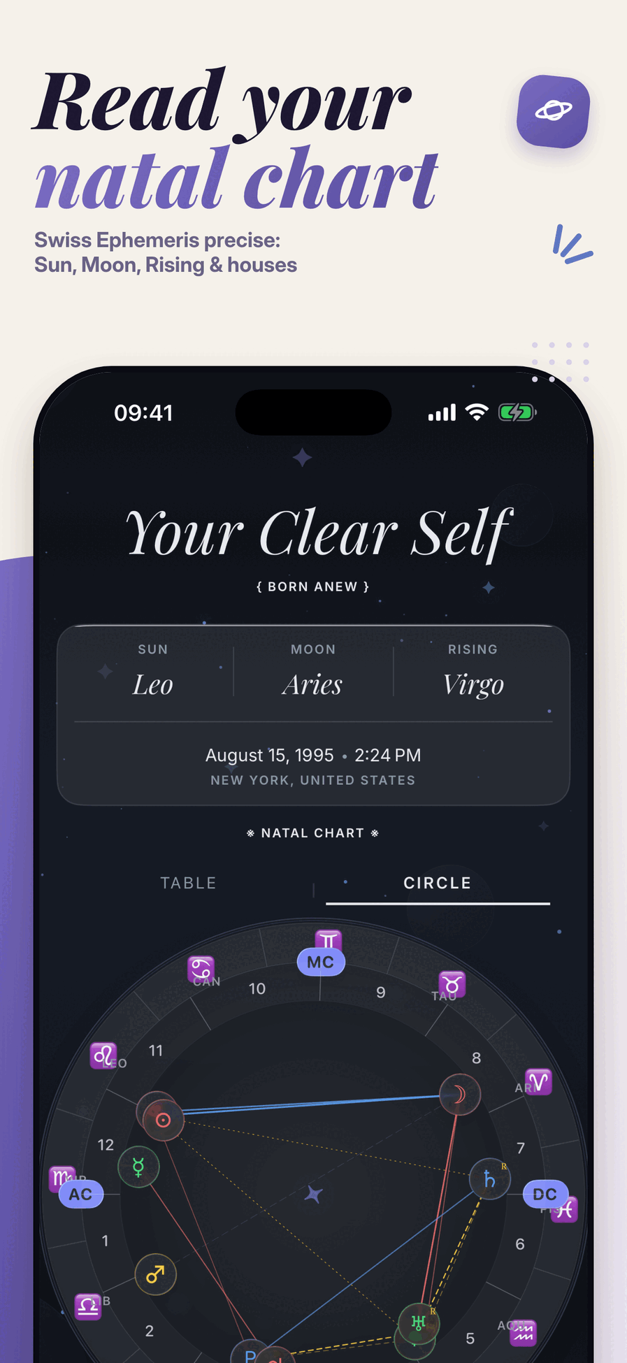 Mystic natal chart and birth chart screen with planets houses and rising sign