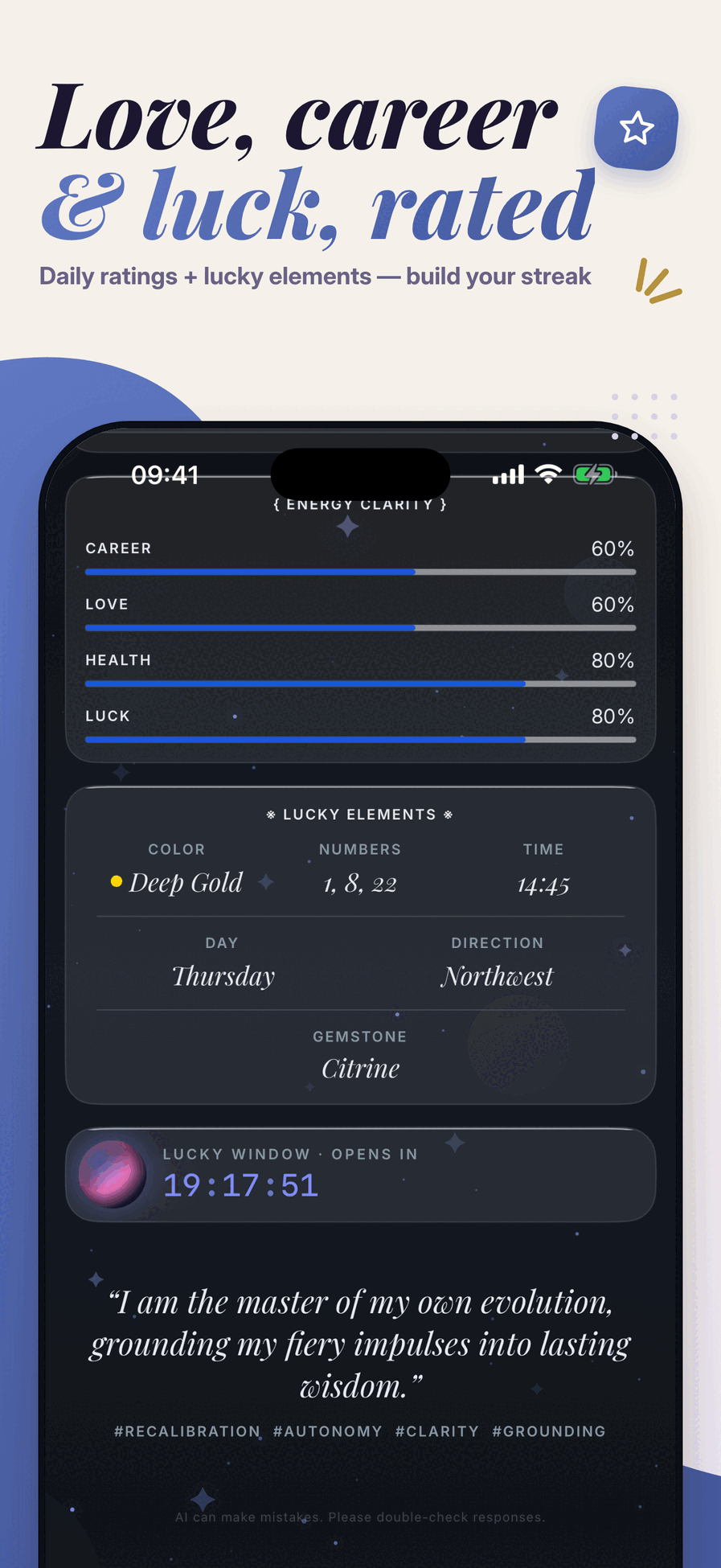 Mystic daily love career health and luck ratings with lucky elements