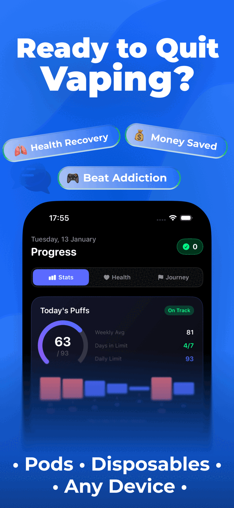 Puff Count progress dashboard with daily puff counter showing 63 of 93 limit and weekly statistics