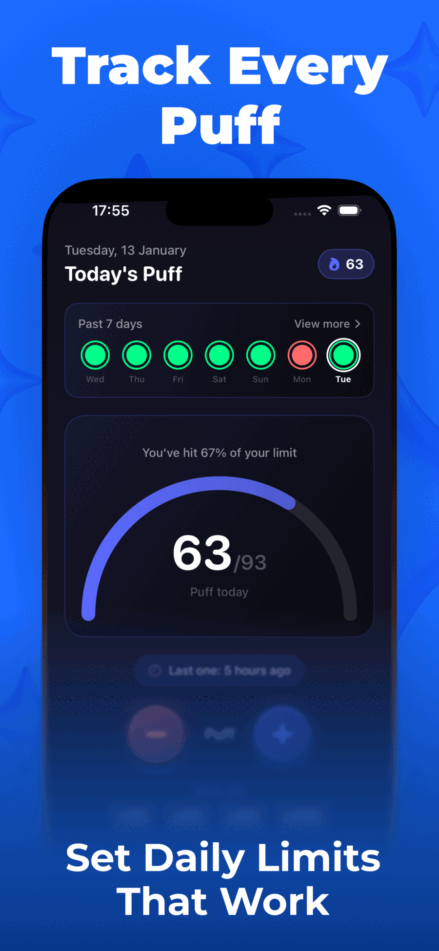 Puff Count daily tracking view with circular progress indicator and 7-day streak calendar