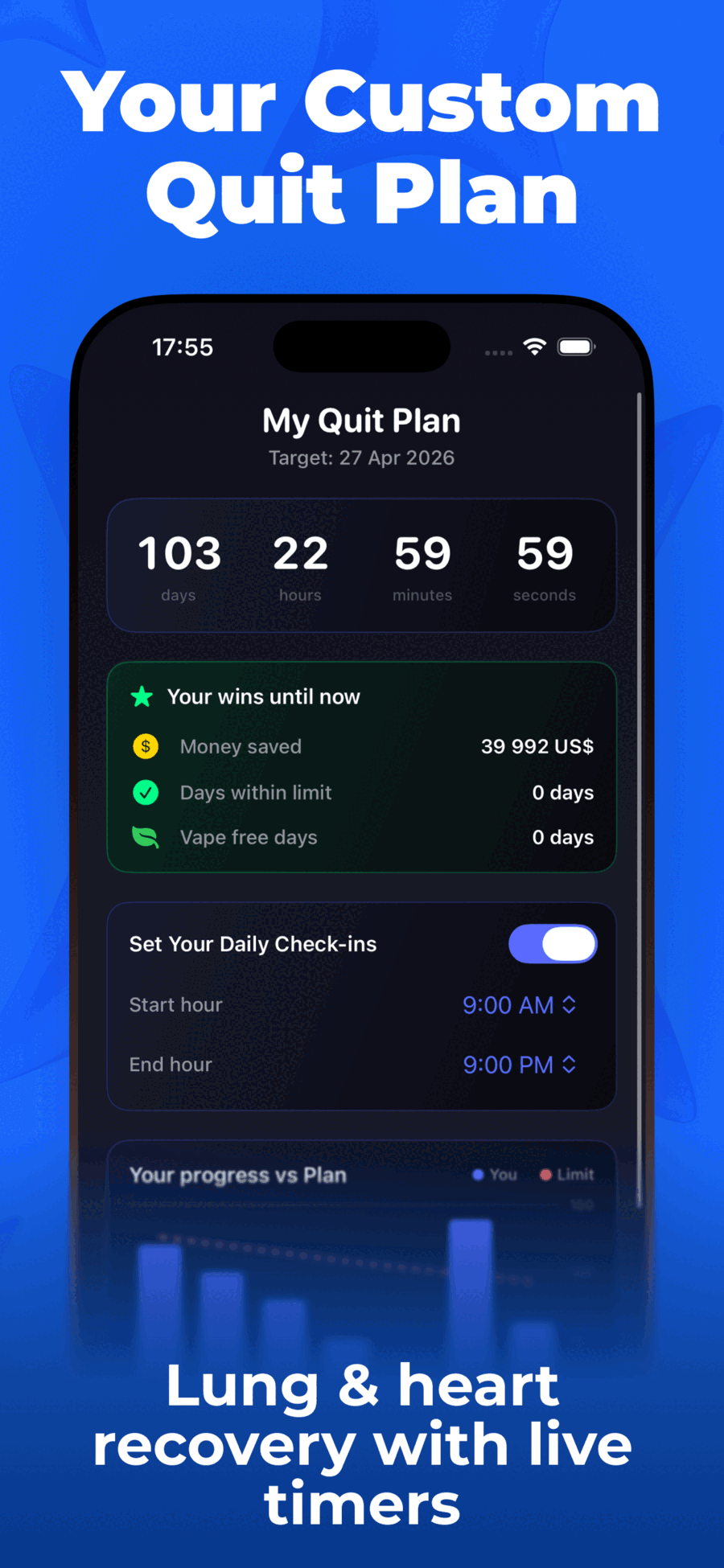 Puff Count custom quit plan with countdown timer, money saved calculator, and daily check-in settings