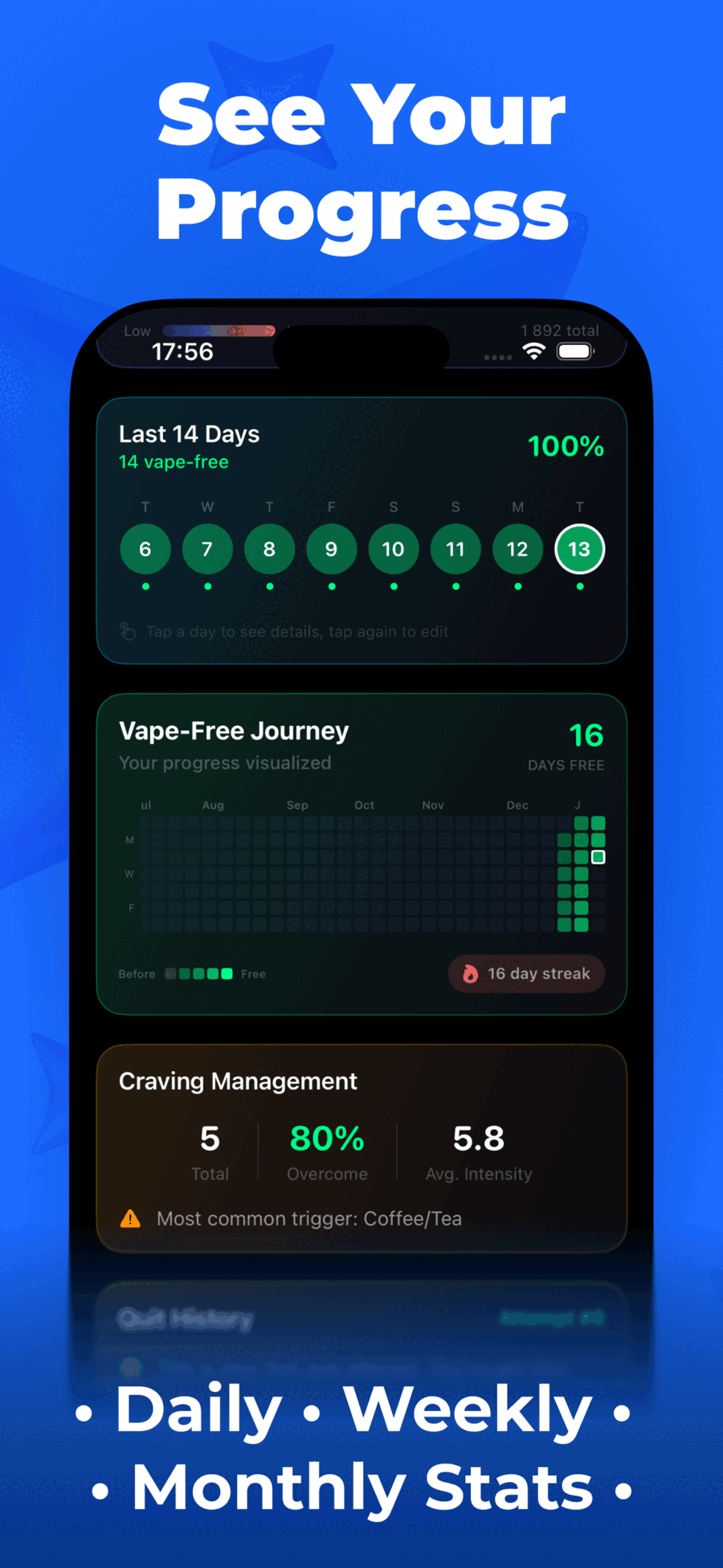 Puff Count progress statistics with 14-day vape-free streak, GitHub-style heatmap, and craving management stats