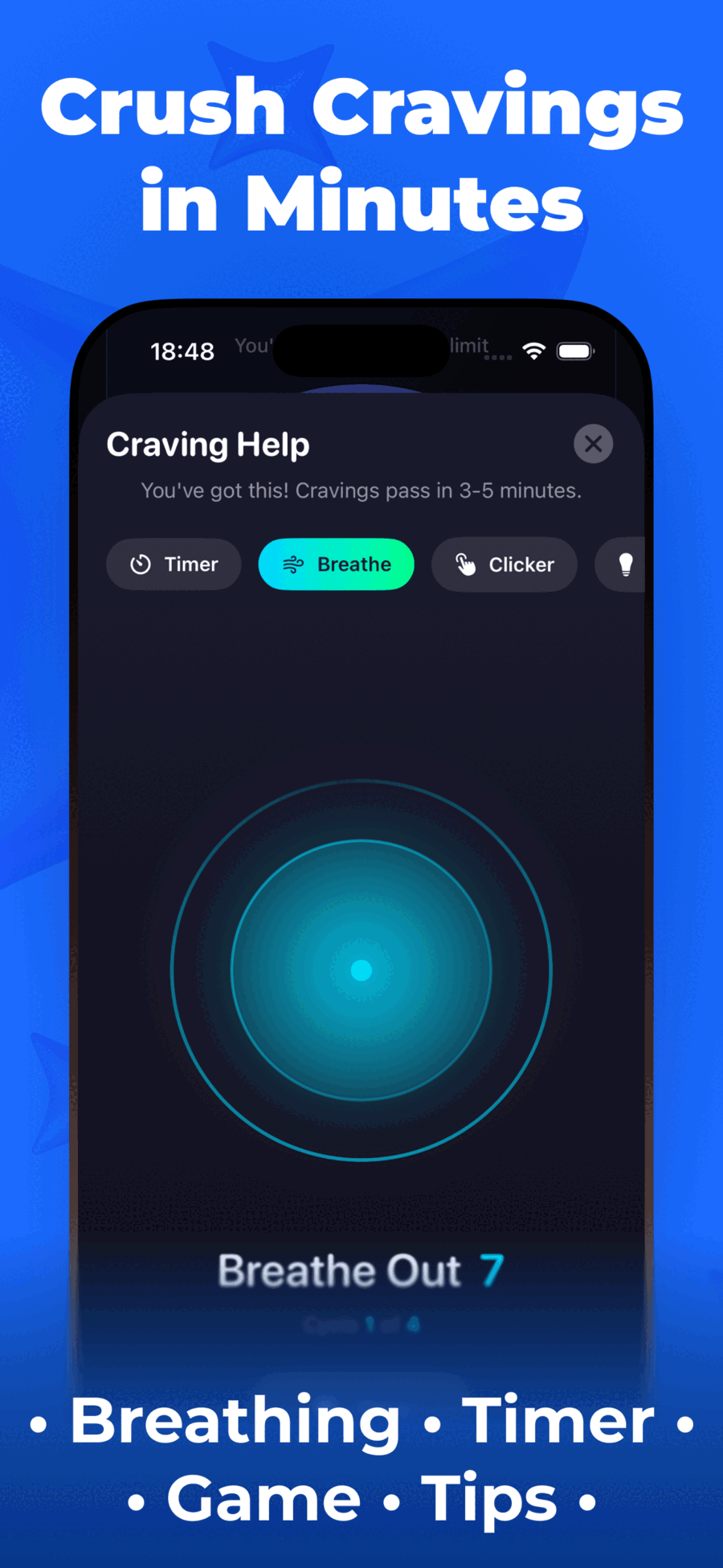 Puff Count craving help toolkit with breathing exercise animation and timer options