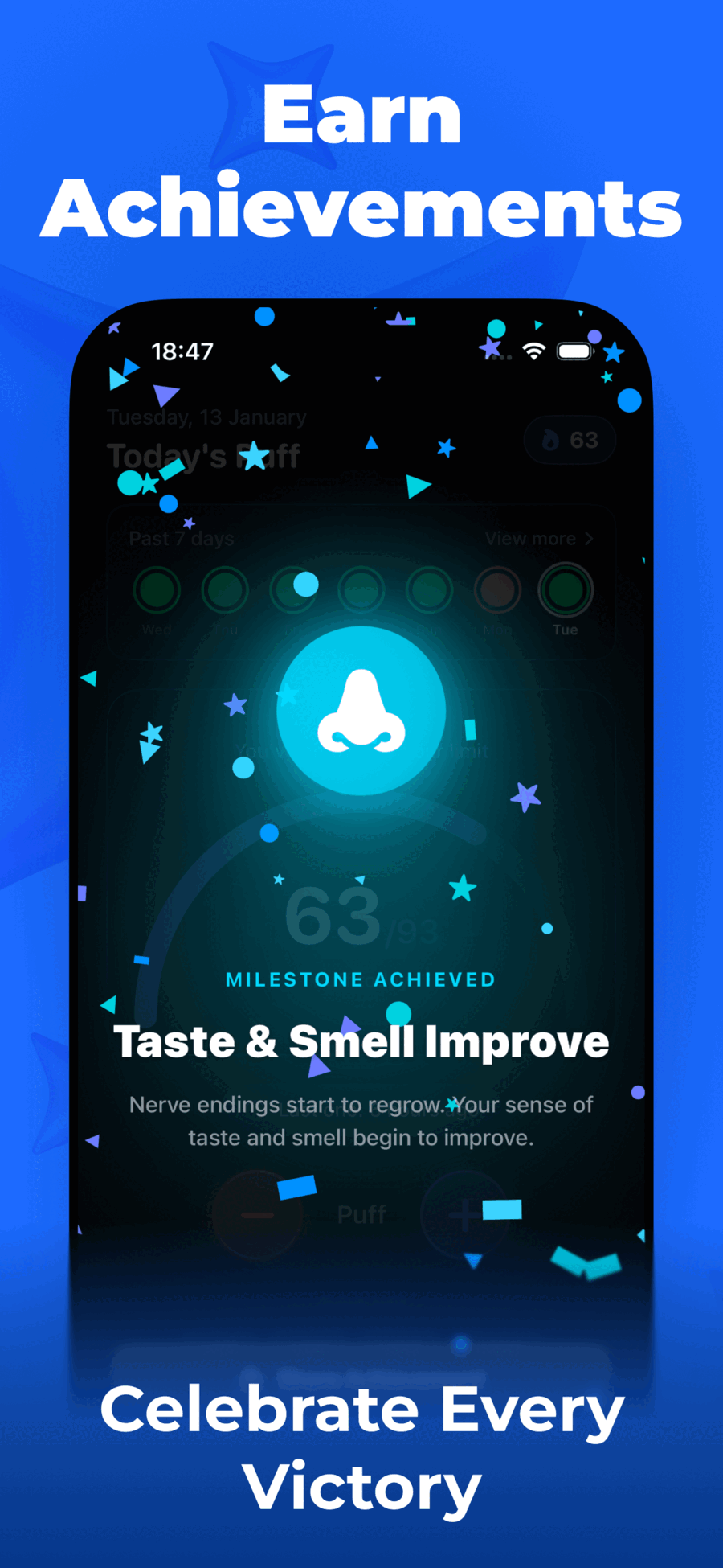 Puff Count milestone achievement celebration for Taste and Smell Improve with confetti animation