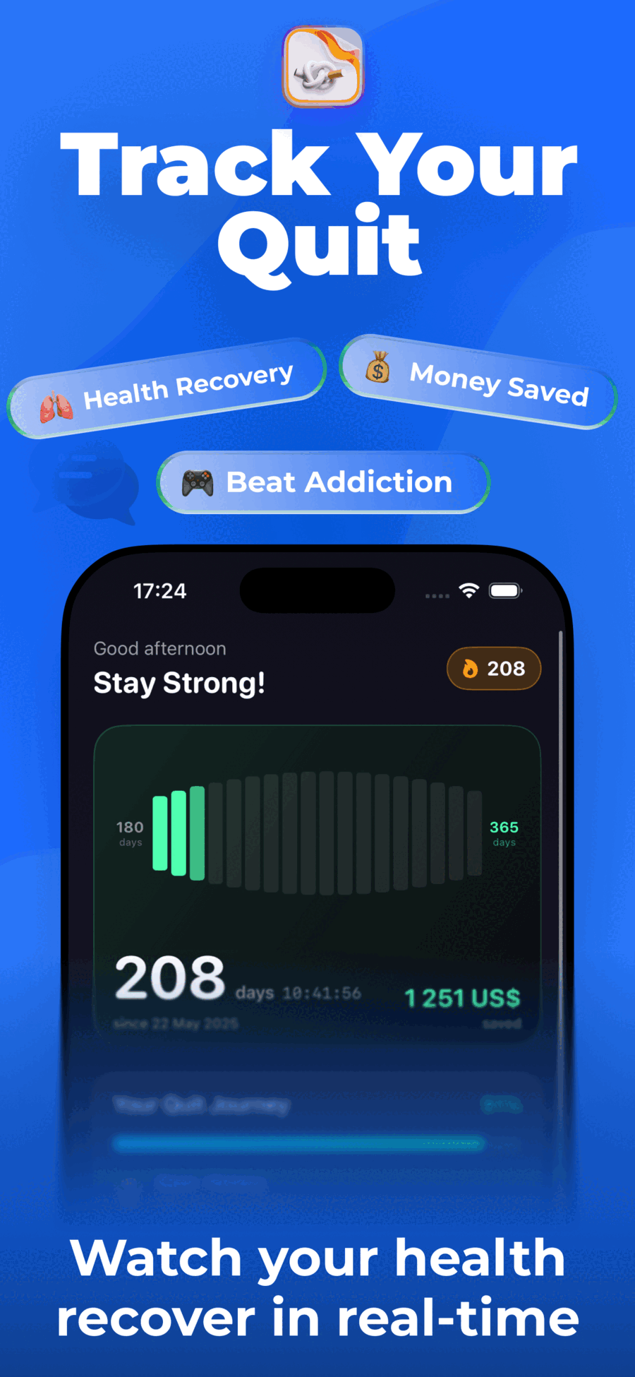 Quit Smoking app main dashboard showing 208 smoke-free days, money saved tracker, and health recovery progress