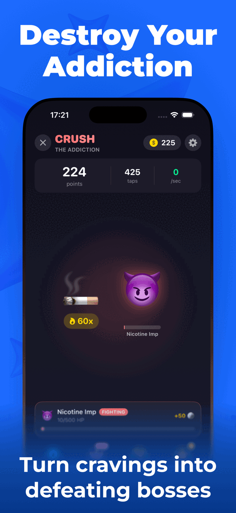 Crush the Addiction clicker game to fight nicotine cravings by defeating bosses