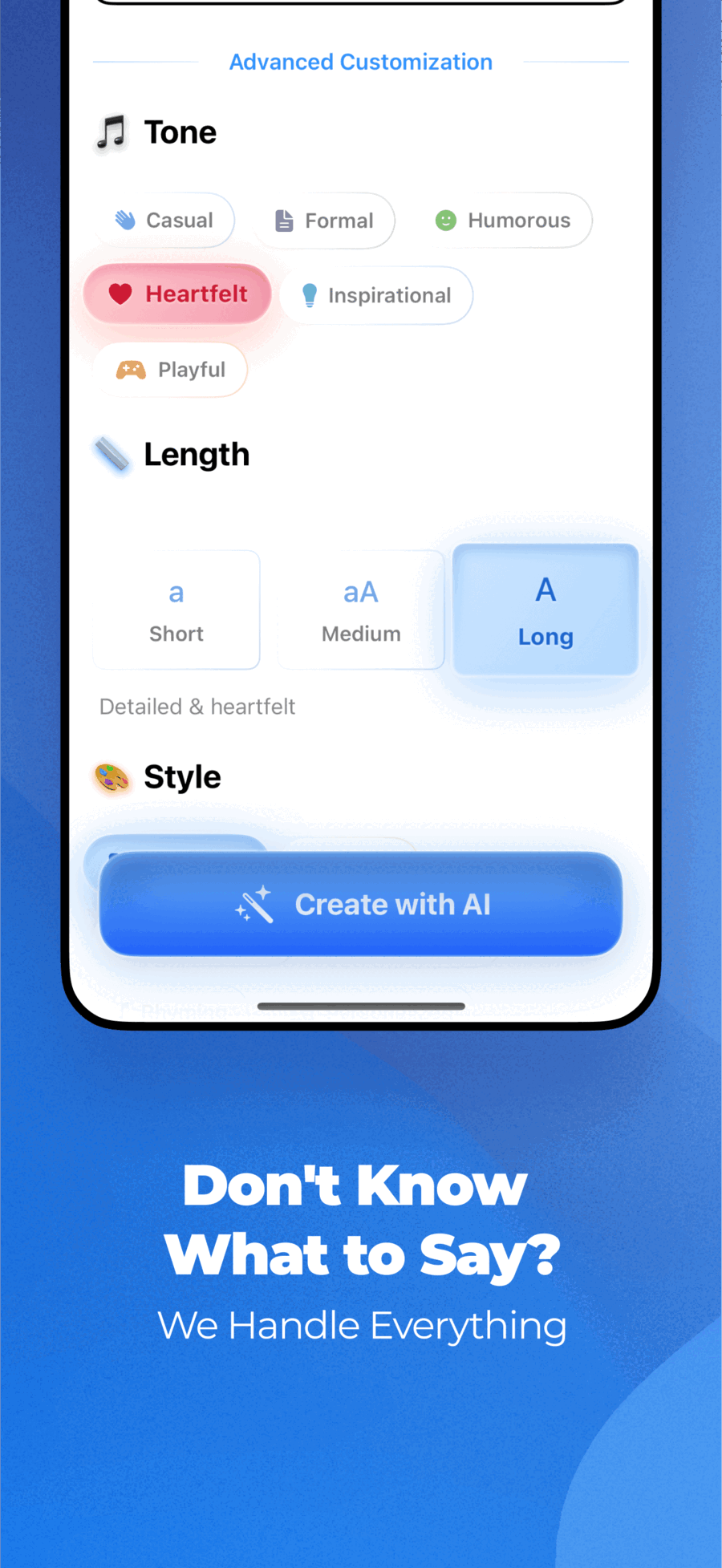 Advanced customization with tone, length, and style options for greeting cards