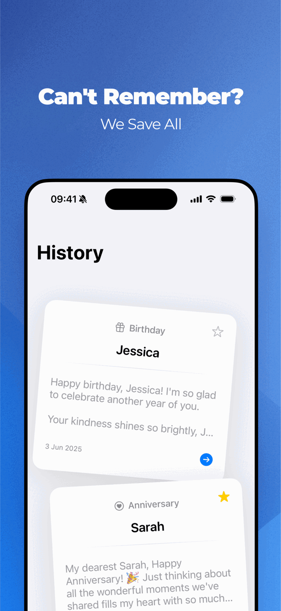 Message History saving all generated greeting cards for quick access
